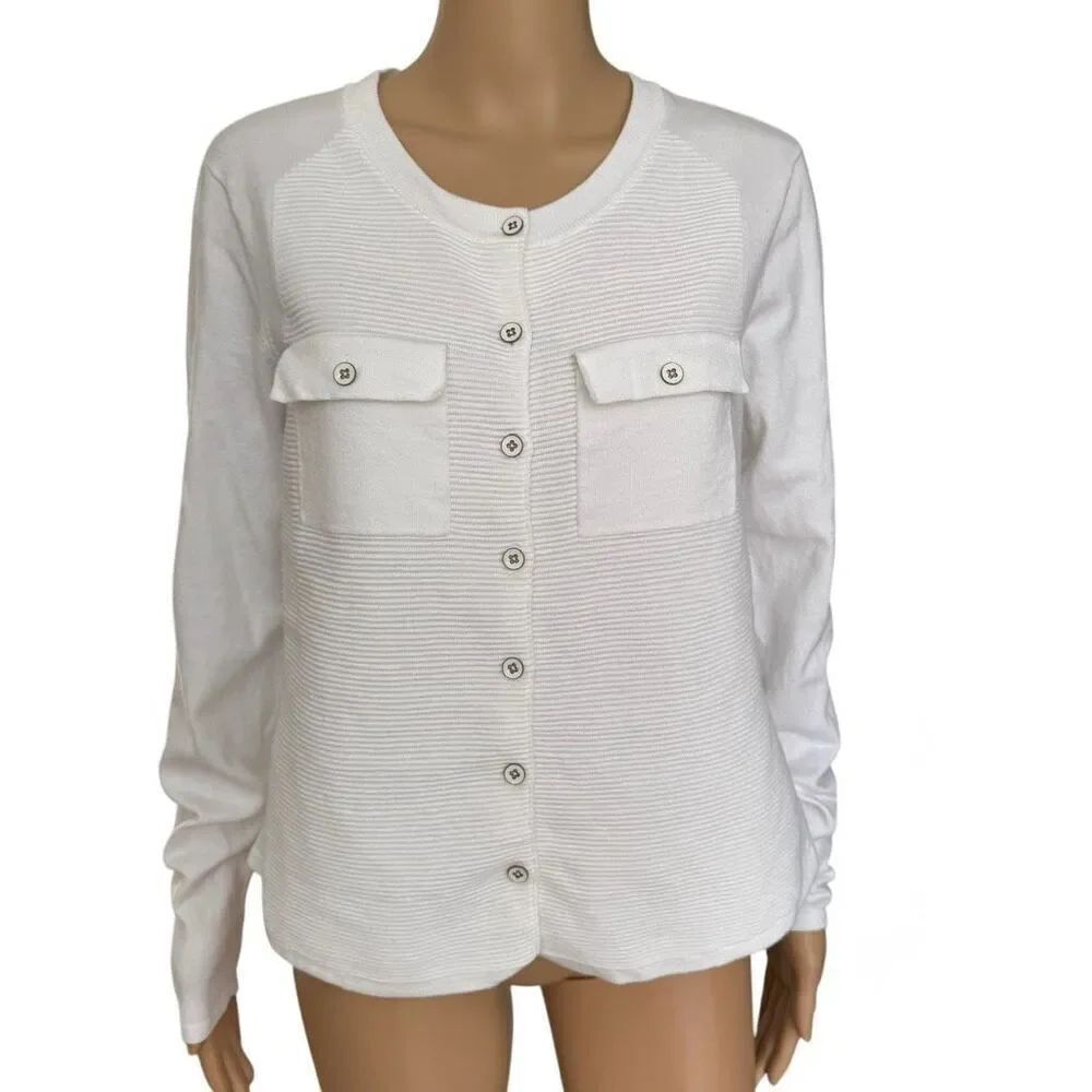 CAbi White Fencing Cardigan Ribbed Knit Size L Pockets Full Button Casual